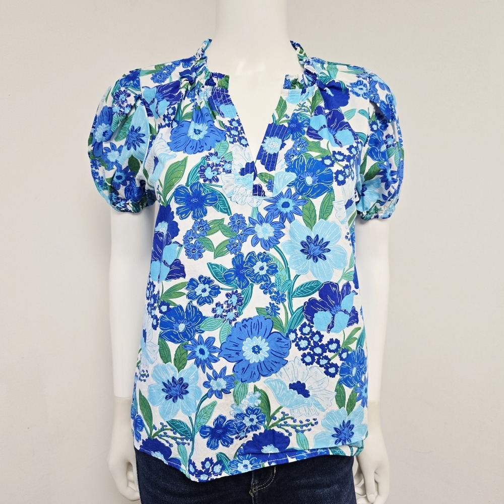 Avara Blouse Top Size S Puff Pleat Sleeve Blue Floral V-Neck Cotton Preppy Women
